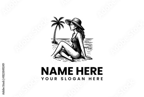 Beach Relaxation Vector Logo Illustration A Woman Enjoying the Sun by the Sea