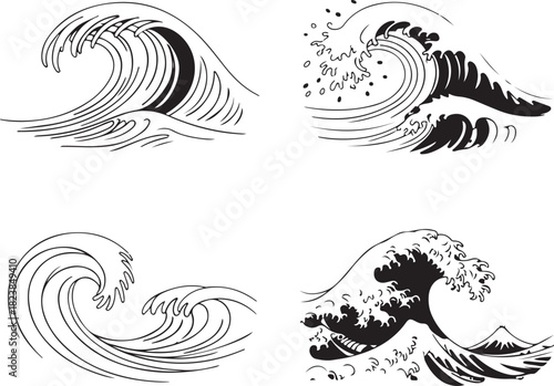 Ocean Wave Illustration Set Featuring Dynamic Surf Waves, Splashing Water, and Flowing Line Art in Black and White Vector Style
