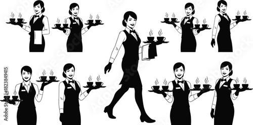 Waitress illustration set, tray with cups, steaming beverages, walking pose, towel, uniform, service gesture, black on white
