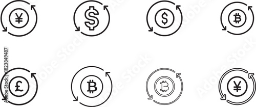Currency exchange icons for global finance, isolated on
