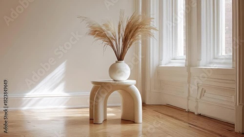 White ceramic vase with dried pampas grass on a sculptural stool in a bright sunlit minimalist room.