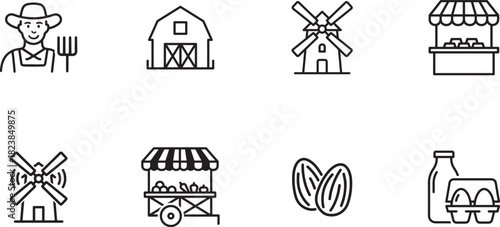 Farm and agriculture line icons set with farmer, barn, windmill, market