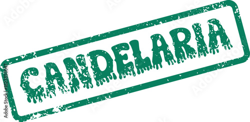A Distressed Green Rubber Stamp Featuring the Religious Word Candelaria on a Bright Clean Surface