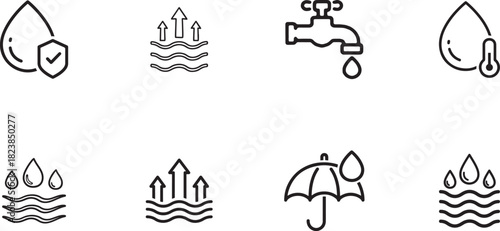 Waterproof and breathable material properties line icons set, isolated on