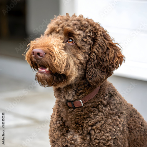 A curly-coated Lagotto Romagnolo with an affectionate,