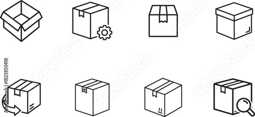 Set of line art icons depicting various cardboard boxes, isolated on