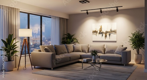 Cozy and Stylish Modern Living Room Interior with L-Shaped Sofa, Contemporary Furniture, Potted Plants, and Evening City View Through Large Window