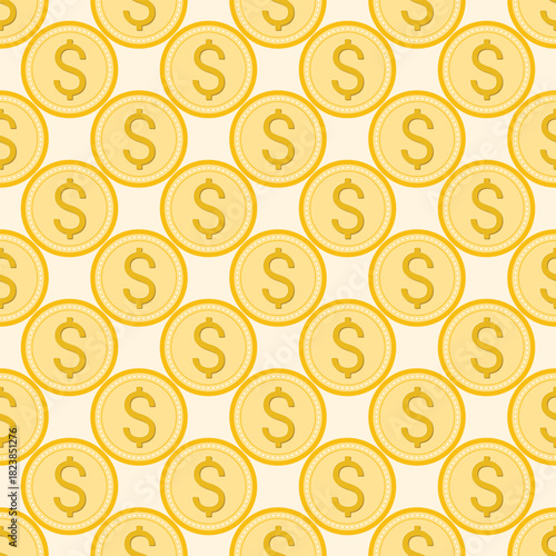 Solid gold coin seamless pattern. Continuous background of gold dollars. Cash money print on theme of investments, drops, savings, capital investment, wealth and prosperity. Vector graphic