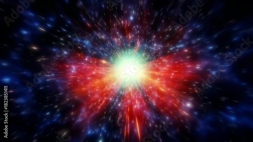 Dynamic view of a luminous core radiating outwards through space with color streaks