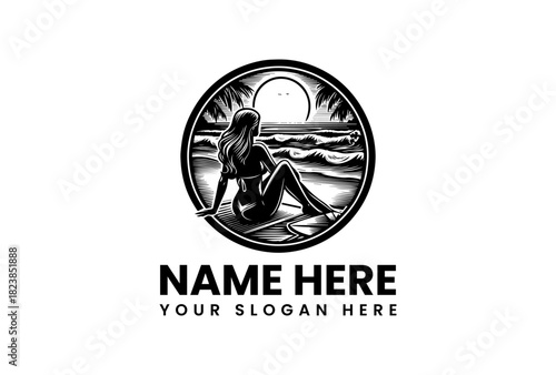 Elegant monochrome vector logo illustration of a woman relaxing on a surfboard at a tropical beach sunset scene, perfect for coastal brands