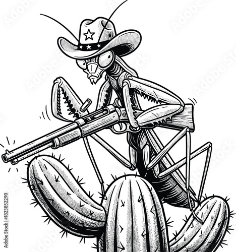 Praying Mantis Sheriff with Shotgun on Cactus Detailed Line Art