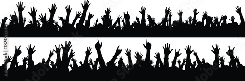 Silhouette crowd raising hands in excitement, multiple gestures including rock-on and pointing, concert or rally vector banner