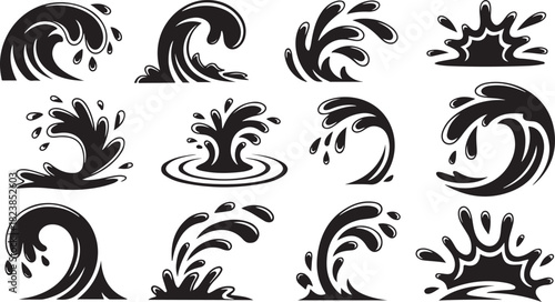 Water Wave and Splash Icon Set Featuring Ocean Wave Silhouettes, Splash Droplets, Ripple Effects, and Fluid Motion Elements in Black Vector Style
