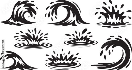 Water Splash and Wave Icon Set Featuring Ocean Wave Silhouettes, Splash Droplets, Ripple Effects, and Dynamic Fluid Motion Elements in Black Vector Style
