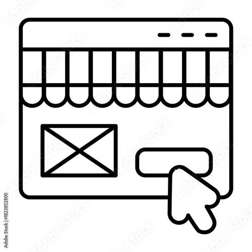 Store page with button, mouse pointer thin line icon, cyber monday concept. Vector graphics. Website of shop with cursor sign on white background, style icon mobile or web design.