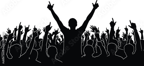 Silhouette of man standing above cheering crowd with raised hands, concert, rally, or excited mass celebration vector