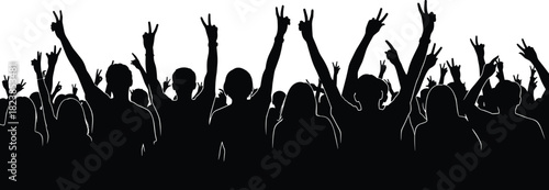 Cheering crowd silhouette holding peace and victory signs, hands raised in celebration at concert or rally vector art