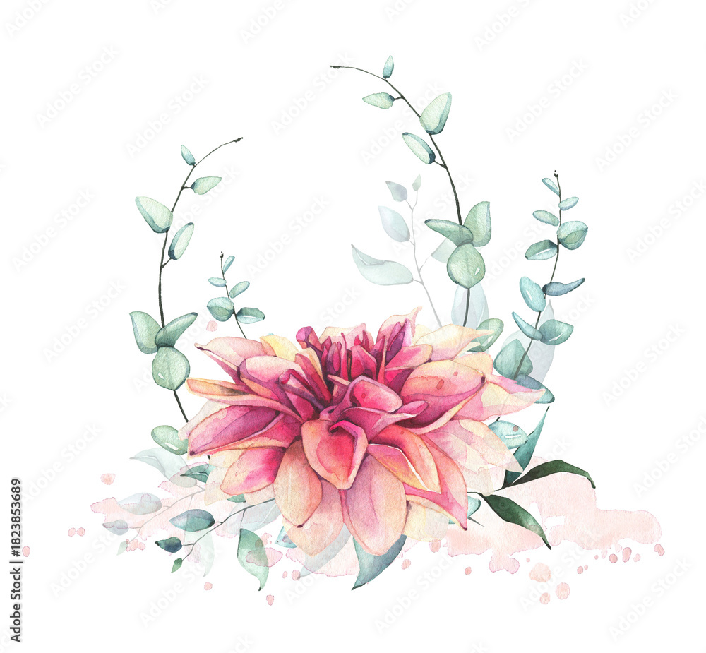 Naklejka premium Watercolor hand painted pink, orange colors dahlia flower, green, turquoise leaves, eucalyptus twigs bouquet. Floral and abstract arrangement