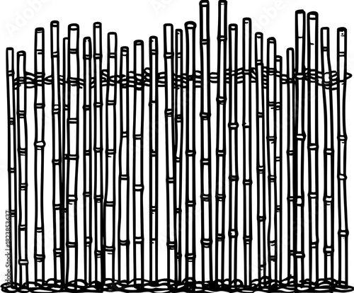 Bamboo Garden Serenity: Black White Illustration Bamboo Stakes Rows | Clean, isolated vector art for creative projects.