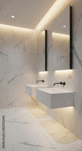 Modern bathroom interior design featuring white marble walls and minimalist sinks