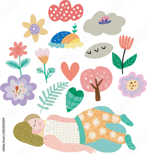 Whimsical Hand-Drawn Illustration of Sleeping Person Dreaming of Nature and Fantasy Elements, Representing Imagination and Mental Health