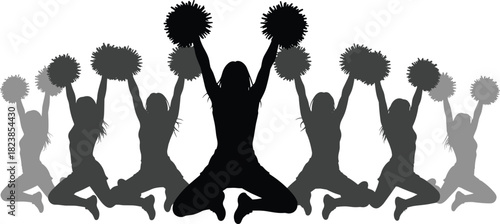 Cheerleader team silhouette jumping with pom-poms, synchronized female group performance, sports, and excitement vector