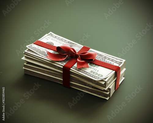 Stacked dollar bills as gift box with beautiful red bow. Money for gift concept design on green background. 3D Rendering, 3D Illustration
