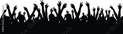 Cheering crowd silhouette with diverse raised hands making peace signs, celebrating event, concert, victory on white background.