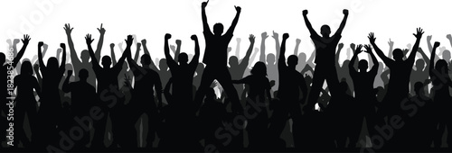 Jumping and cheering crowd silhouette with raised hands, celebrating victory, concert, or festival event vector illustration