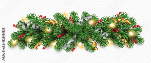 Vector pine tree garland, golden and silver ribbons, berries and lights isolated on a transparent background. Holiday Christmas tree border for winter decoration banner, poster, greeting card.
