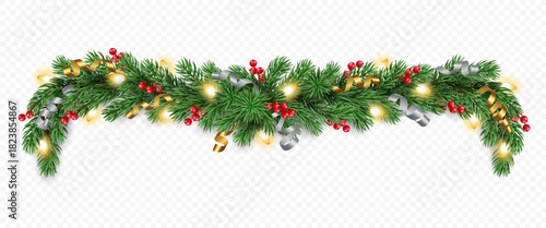Vector pine tree garland, golden and silver ribbons, berries and lights isolated on a transparent background. Holiday Christmas tree border for winter decoration banner, poster, greeting card.