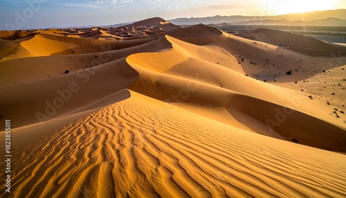 Fototapeta Naklejka Na Ścianę i Meble -  Desert landscape at sunset with rolling sand dunes. Warm light illuminating the textured patterns of windblown sand