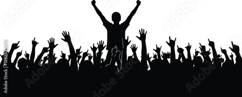 Silhouette man with raised arms above cheering crowd, victory, leadership, concert, or mass celebration vector illustration