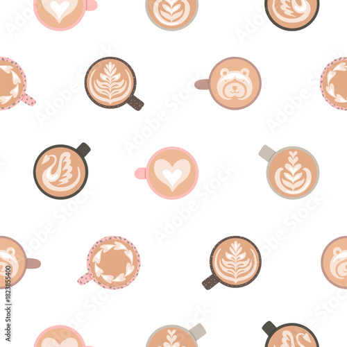 Pattern with coffee with latte art in different cup. Vector seamless texture on white background. Mugs with barista art - swan, heart, bear.