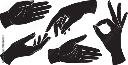 Hand Gesture Silhouette Set Featuring Elegant Female Hands, OK Sign, Pointing Gesture, Open Palm Poses, and Expressive Finger Movements in Black Vector Style
