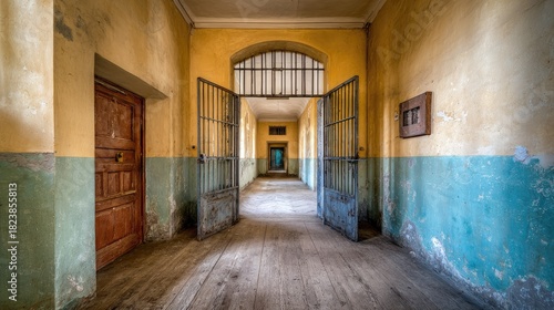 Abandoned hallway with barred doorway.