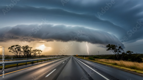 Empty highway landscape under a storm sky with a vibrant rainbow