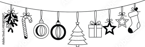 Hand drawn christmas garland with ornaments and gifts line art