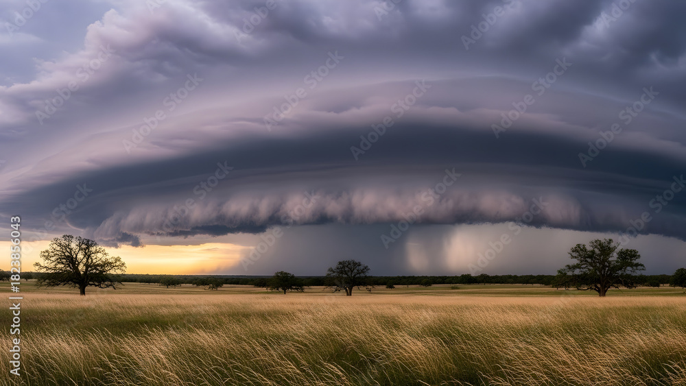 Fototapeta premium A rainbow arcs over the vast, dramatic land of a rural field under a dark, cloudy sky during a summer storm with sunset light