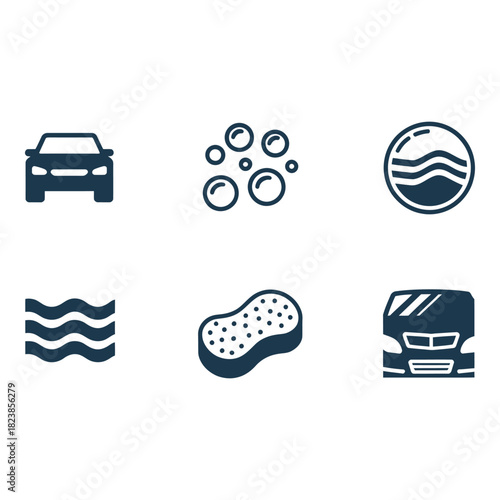 Car wash icons set featuring car bubbles sponge and water waves