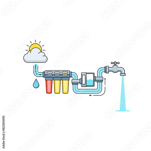 Professional Illustration Depicting a Residential Water Filtration System Process Flow with Purification Stages and Faucet Dispensing Clean Flowing Liquid