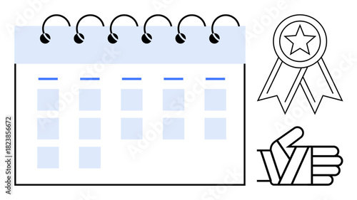 Blue and white calendar with achievement ribbon and hand gesture indicating approval. Ideal for planning, goal setting, productivity, success, recognition, time management, and motivation themes. A