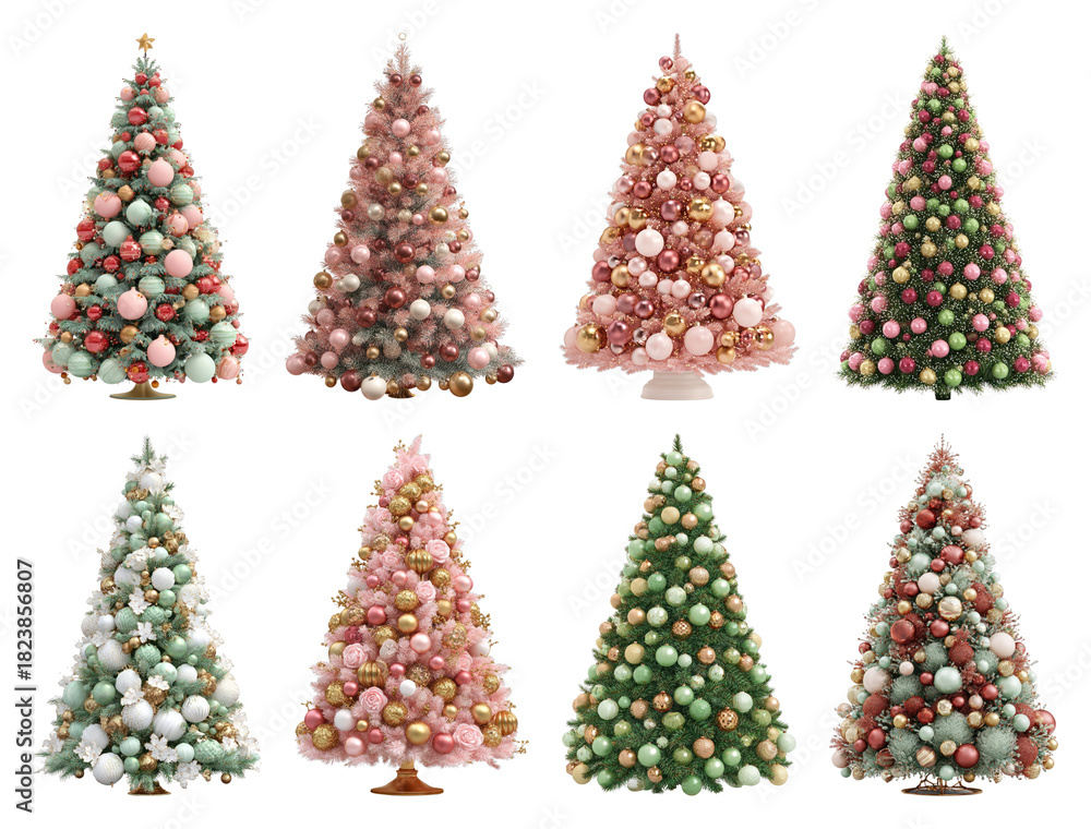 Obraz premium PNG Colorful decorated Christmas trees, element set on transparent background