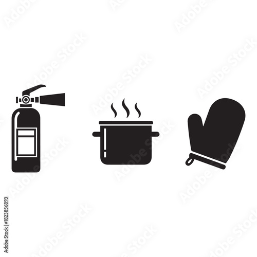 Fire Extinguisher, Cooking Pot, and Oven Glove Icon Set