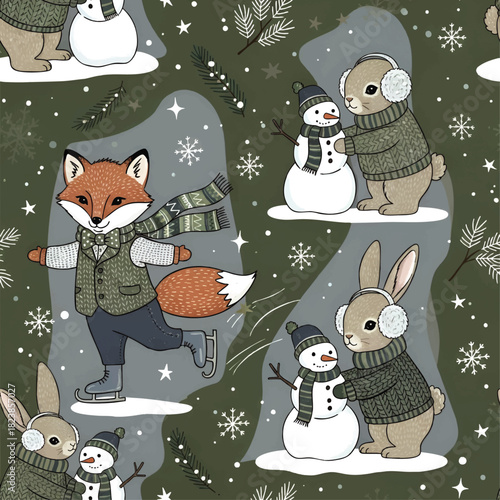 Seamless winter pattern featuring a fox ice skating, rabbits with earmuffs building snowmen, snowflakes, and foliage on a dark green background.
