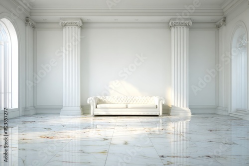 Ornate interior space features classical architectural elements and a central white sofa
