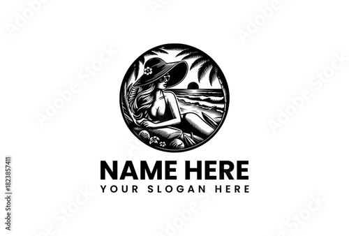 Elegant vector logo illustration of a woman relaxing on a tropical beach at sunset, perfect for travel and lifestyle brands
