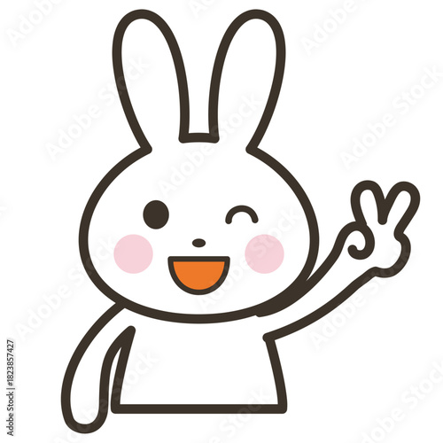 笑顔でピースをするかわいいうさぎのキャラクターの上半身イラスト