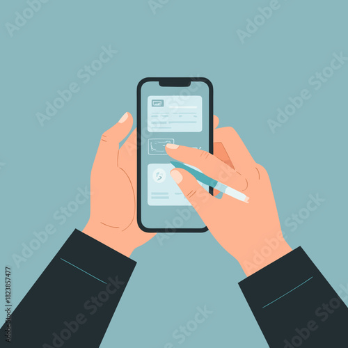 Hands holding smartphone with stylus for digital interaction.