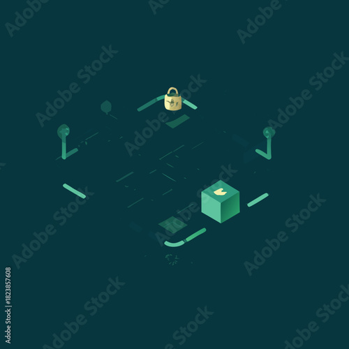 Isometric Security System with Key Lock and Data Storage.